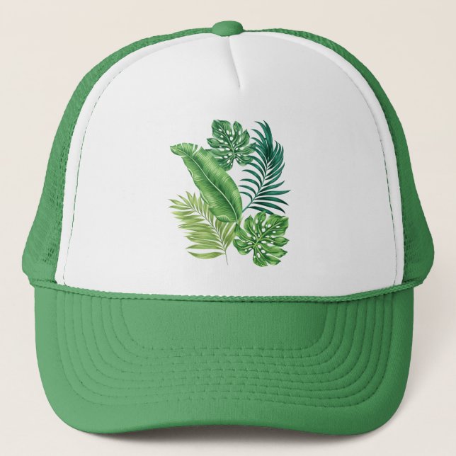 Green Tropical Palm Banana Monstera Leaves Trucker Hat (Front)