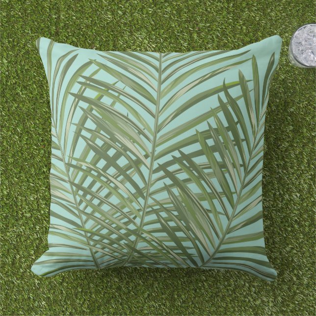 Green Tropical Palm Leaves Aqua Blue Outdoor Pillow (Grass)