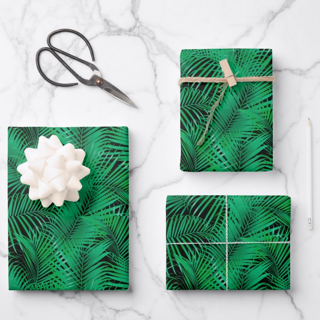 Green Tropical Palm Leaves on Black Wrapping Paper Sheet (Front)