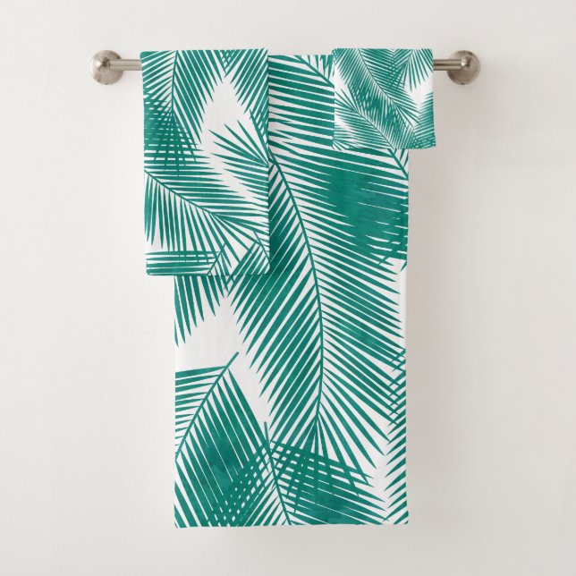 Green Tropical Palm Leaves Pattern Bath Towel Set (Insitu)