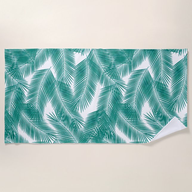 Green Tropical Palm Leaves Pattern Beach Towel (Front)