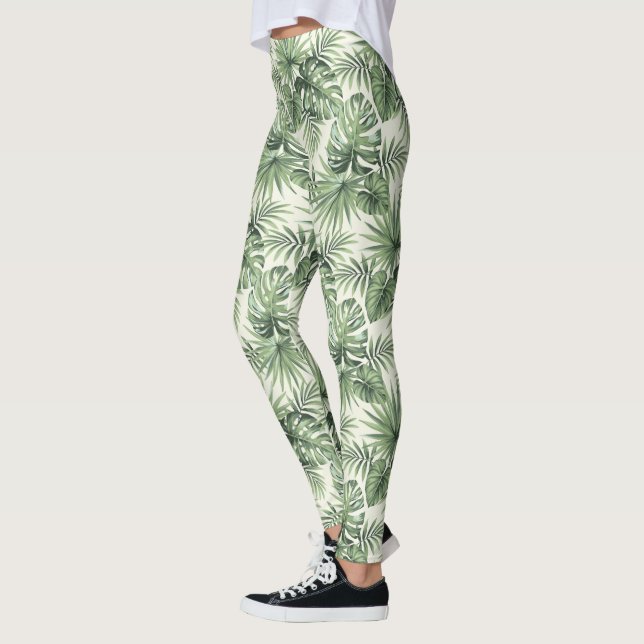 Green Tropical Palm Leaves Pattern Leggings (Left)