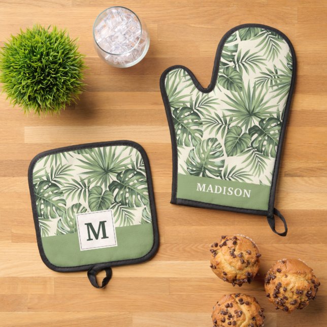 Green Tropical Palm Leaves Pattern Oven Mitt & Pot Holder Set (Top Down)