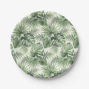 Green Tropical Palm Leaves Pattern Paper Plate