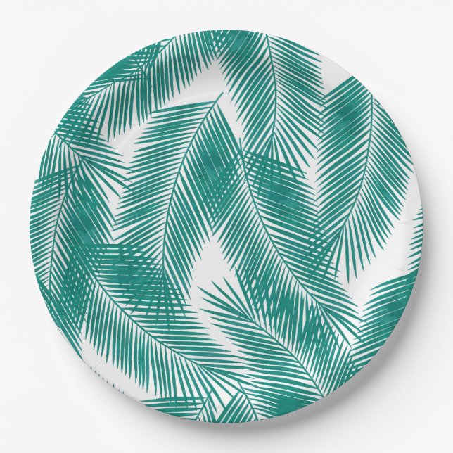 Green Tropical Palm Leaves Pattern Paper Plate (Front)