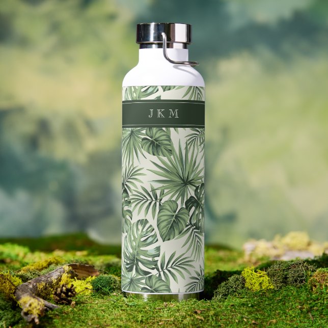 Green Tropical Palm Leaves Pattern Water Bottle (Outdoor)