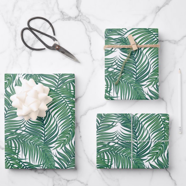 Green Tropical Palm Leaves Pattern Wrapping Paper Sheet (Front)