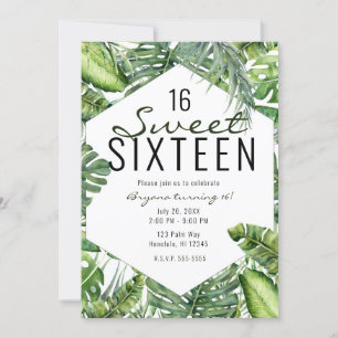Green Tropical Palm Leaves Summer Island Sweet 16 Invitation