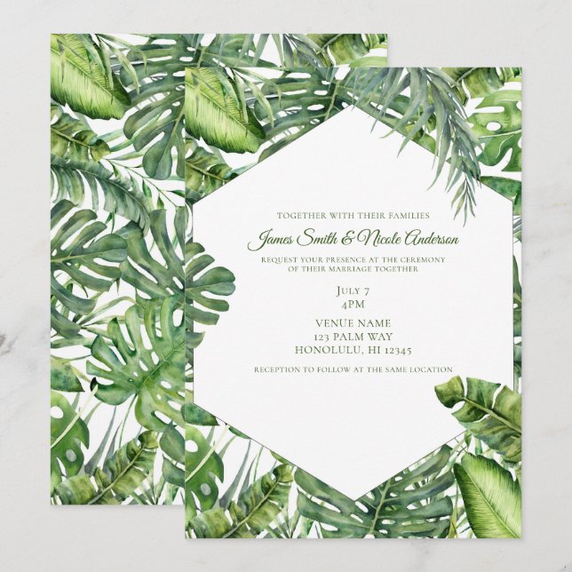 Green Tropical Palm Leaves Summer Island Wedding Invitation (Front/Back)