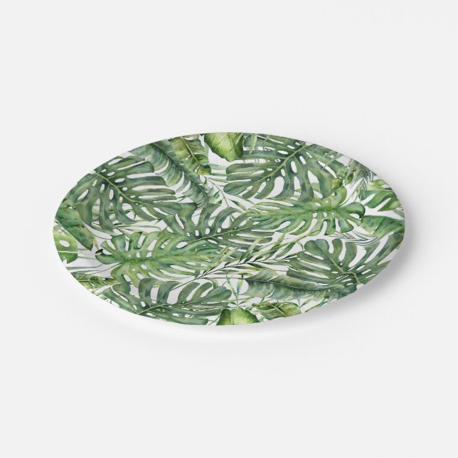 Green Tropical Palm Leaves Summer Island Wedding Paper Plate (Angled)