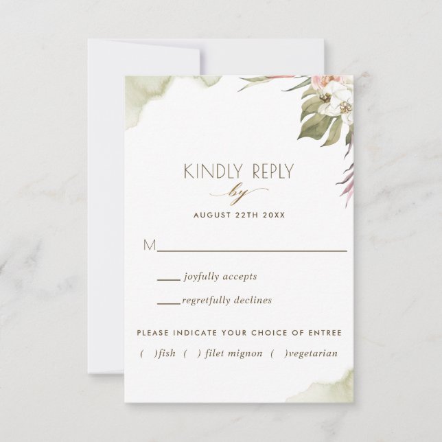 Green, Tropical Palm Leaves w/without Meal Options RSVP Card (Front)