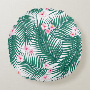 Green Tropical Palm Leaves with Hibiscus Flowers Round Pillow