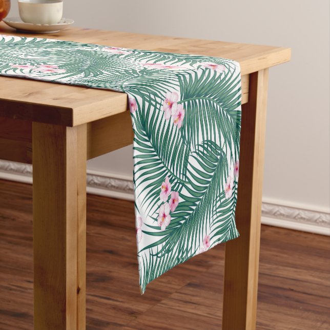 Green Tropical Palm Leaves with Hibiscus Flowers  Short Table Runner (In Situ)