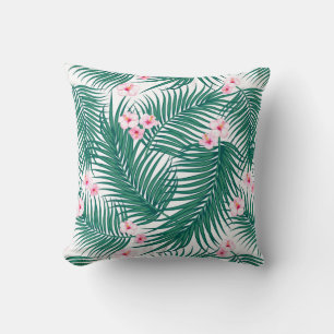 Green Tropical Palm Leaves with Hibiscus Flowers   Throw Pillow