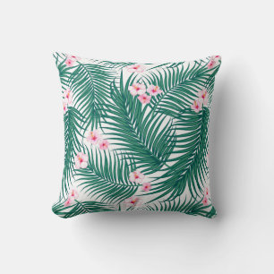 Green Tropical Palm Leaves with Hibiscus Flowers Throw Pillow