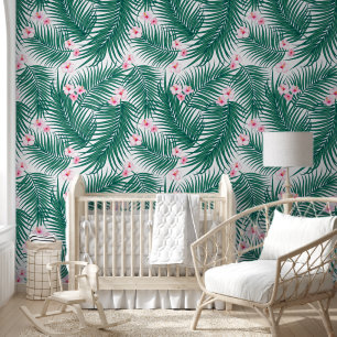 Green Tropical Palm Leaves with Hibiscus Flowers Wallpaper