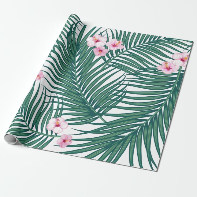 Green Tropical Palm Leaves with Hibiscus Flowers Wrapping Paper (Unrolled)