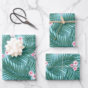 Green Tropical Palm Leaves with Hibiscus Flowers Wrapping Paper Sheet