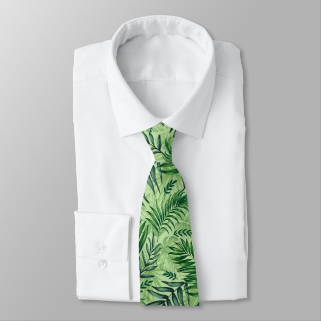 Green Tropical Palm & Monstera Leaves Tie (Tied)