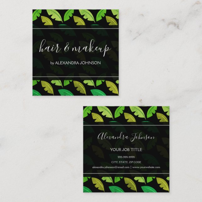 Green Tropical Palm Tree Leaf Pattern Square Business Card (Front/Back)
