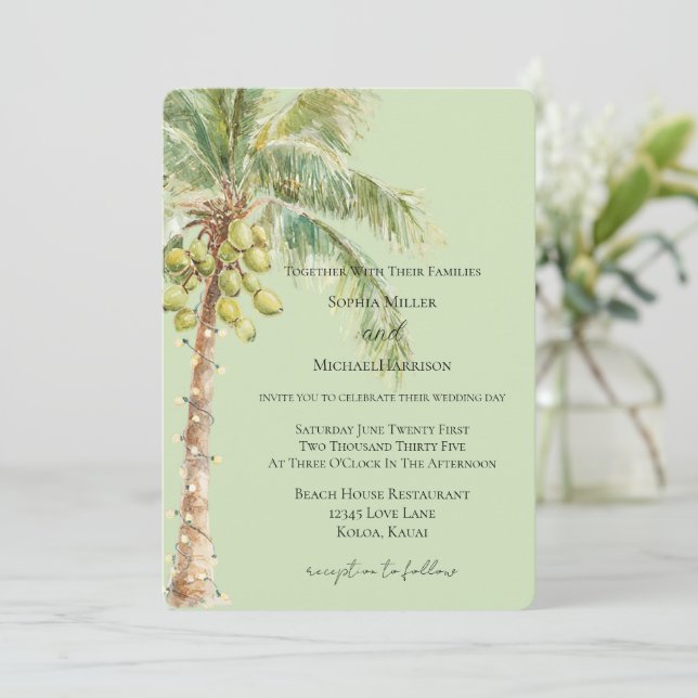 Green Tropical Palm Tree Wedding   Invitation (Standing Front)