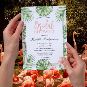 Green Tropical Pink Hibiscus Floral Bridal Shower Invitation