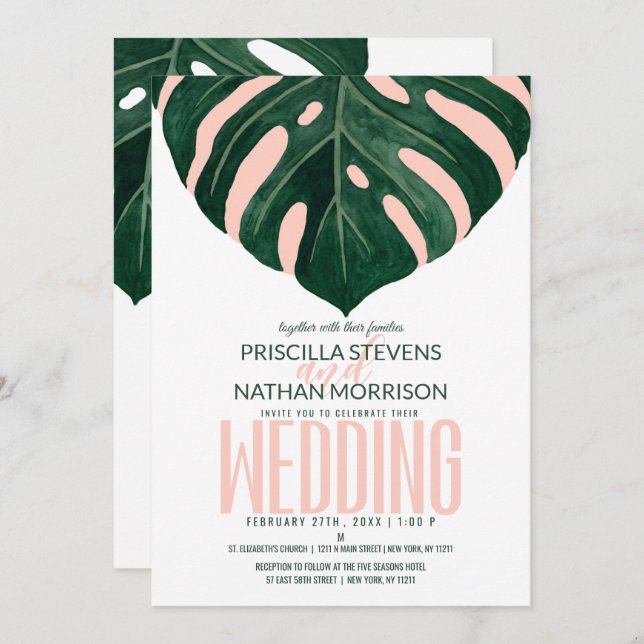 Green Tropical Swiss Cheese Leaf Pink Wedding Invitation (Front/Back)
