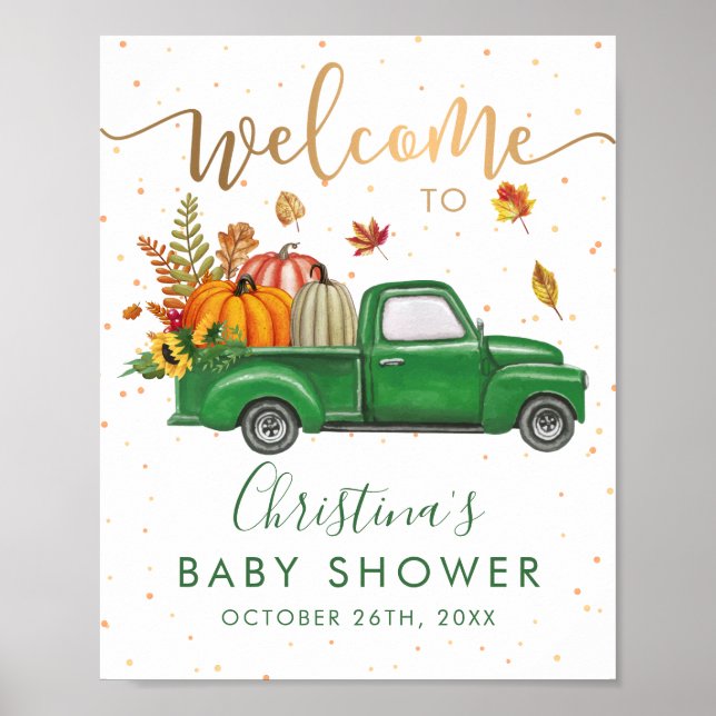 Green Truck Autumn Pumpkin Baby Shower Welcome Poster (Front)