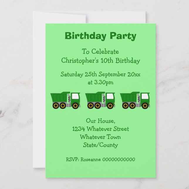 Green Truck Design Boy's Birthday Party Invitation (Front)