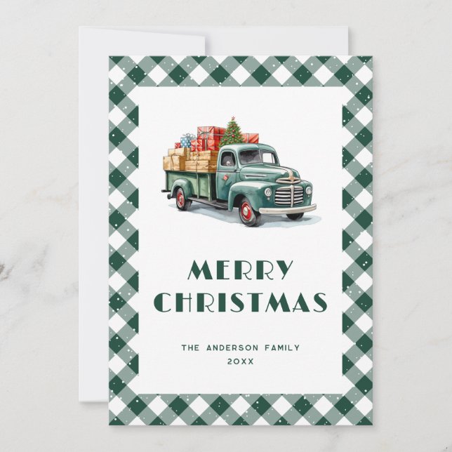Green Truck Plaid Snowy Joyeux Cartes de Noël (Devant)