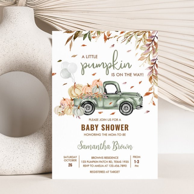 Green Truck Pumpkin Baby Shower Invitation (Little Pumpkin Green Truck Baby Shower Invitation)