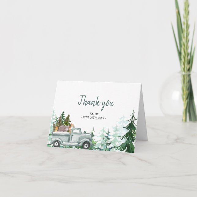 Green Truck Woodland Animals Folded Thank You card (Front)