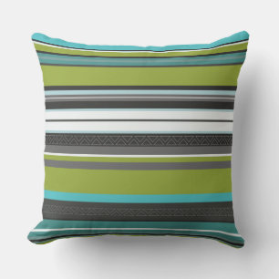 Green, Turquoise and Grey Stripes Throw Pillow