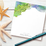 Green turquoise blue watercolor splatter modern notepad<br><div class="desc">Soft grey handwritten typography and rich, green, blue, turquoise and gold watercolor ink swirls and splatters overlay a white background on this chic, elegant, modern custom name notepad. Makes a fun and stylish statement every time you jot down a note during your workday. Makes a thoughtful, customized gift for a...</div>
