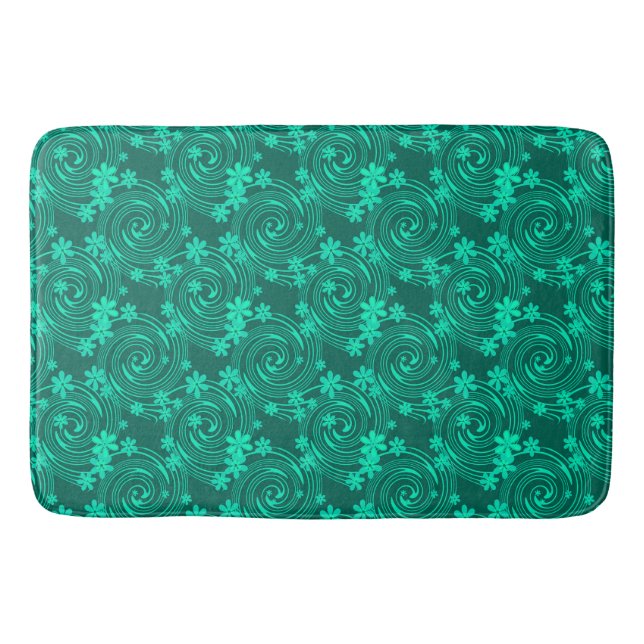 green turquoise bright floral pattern bath mat (Front)