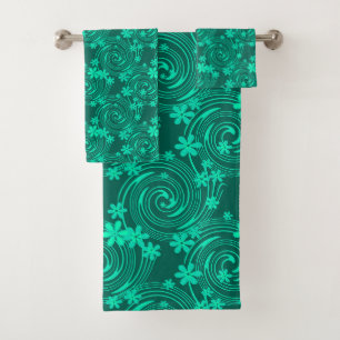 green turquoise bright floral pattern bath towel set