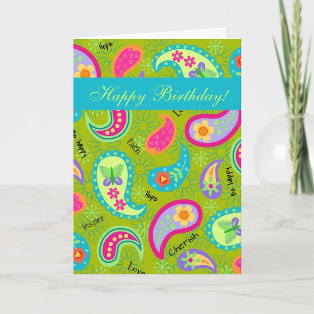 Green & Turquoise Customize Paisley Happy Birthday Card (Front)