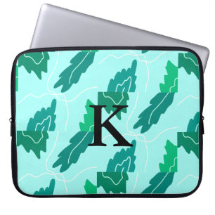Green turquoise leaves floral pattern add monogram laptop sleeve