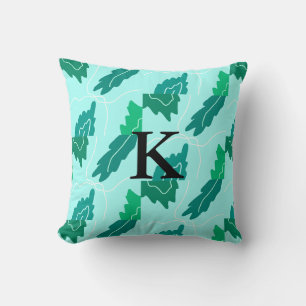 Green turquoise leaves floral pattern add monogram throw pillow