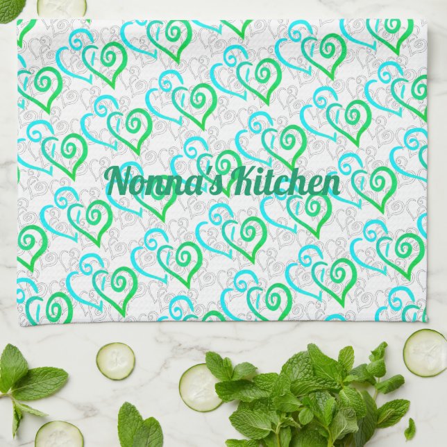Green Turquoise Linked Heart Art Custom Kitchen Towel (Folded)