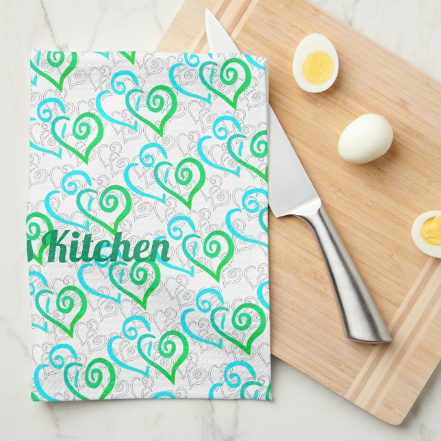 Green Turquoise Linked Heart Art Custom Kitchen Towel (Quarter Fold)