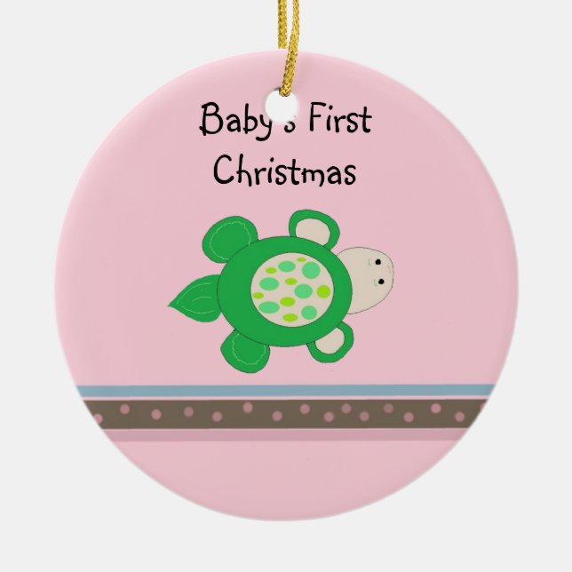 Green Turtle Baby's First Christmas Ceramic Ornament (Front)