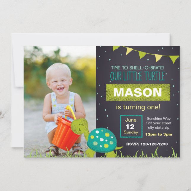 Green Turtle Chalk Birthday Invitation with Photo (Front)