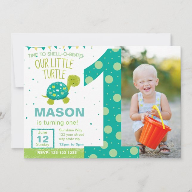 Green Turtle First Birthday Party Invitation (Front)