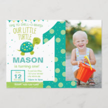 Green Turtle First Birthday Party Invitation