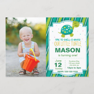 Green Turtle Stripe Birthday Invitation w Photo