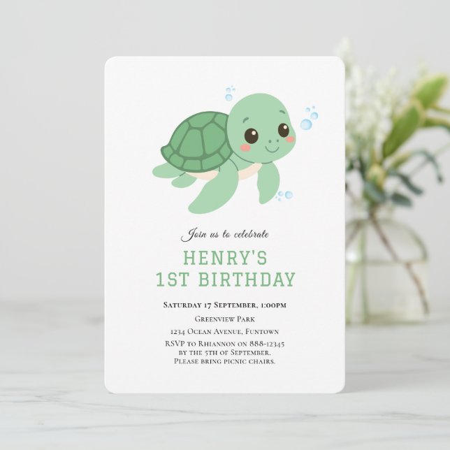 Green Turtle Under the sea 1st birthday invitation (Standing Front)