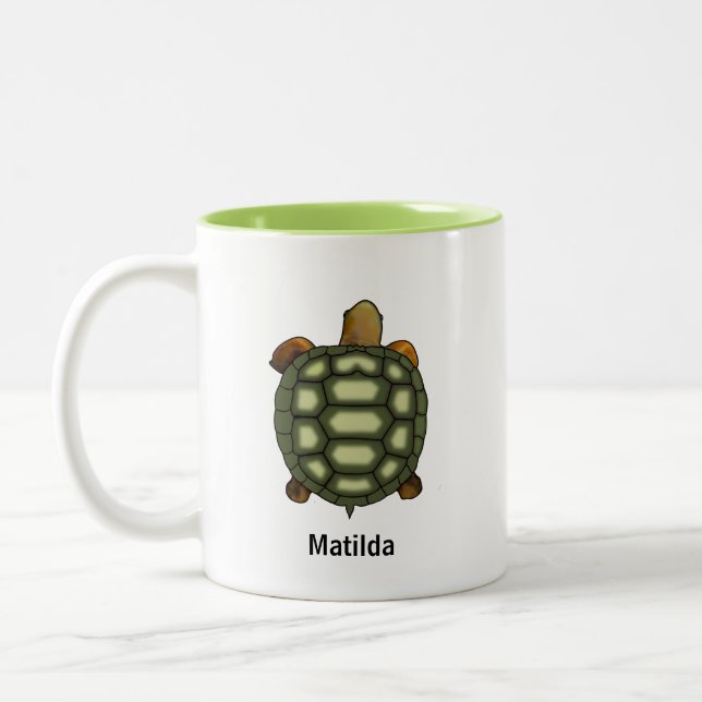 Green Turtle with Editable Name & Monogram Two-Tone Coffee Mug (Left)