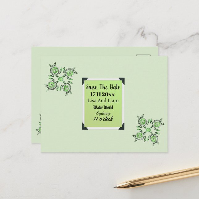 Green Turtles Dot Art  Save The Date,  Postcard (Front/Back In Situ)