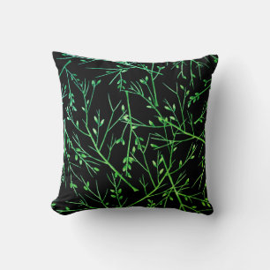 Green Twigs on Black  Throw Pillow